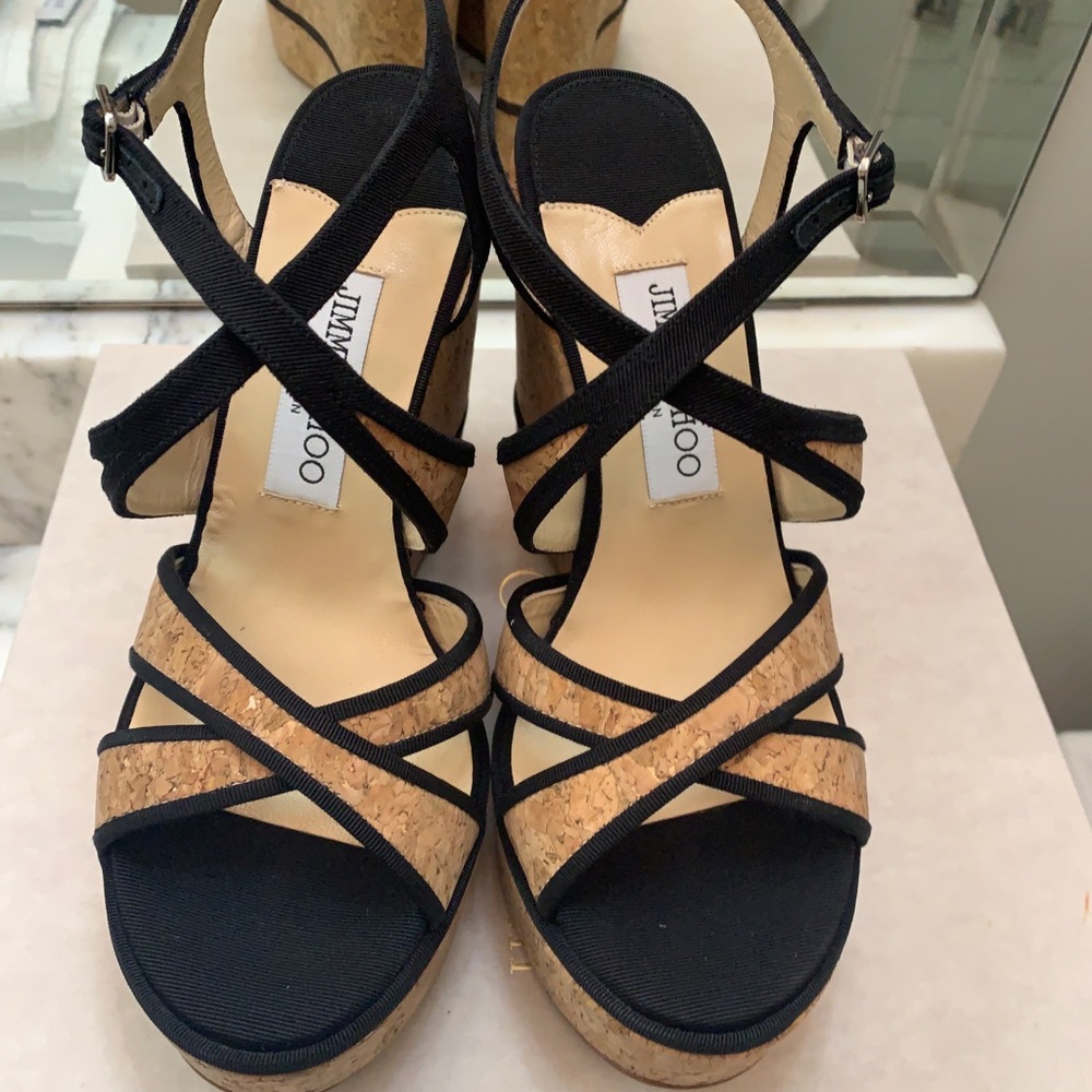 NIB Jimmy Choo Alissa Cork/Black Wedges — Size 37